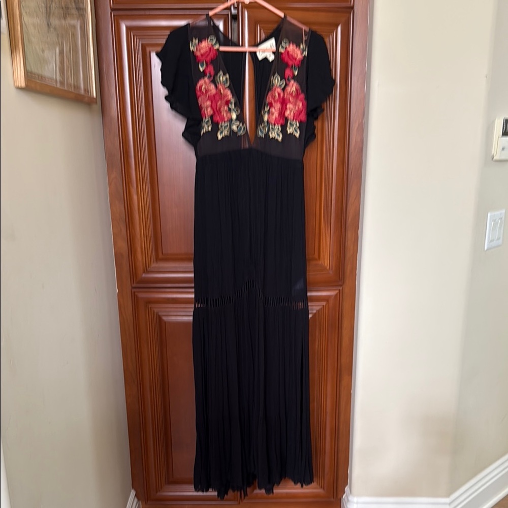 Cleobella Black and Red Pleated Flutter Sleeve Gown